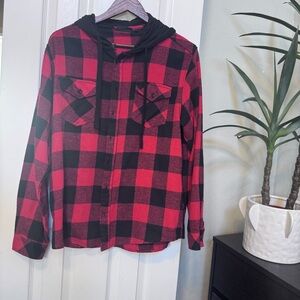 Reccess Red and Black Plaid Hoodie Shirt 100% Cotton Men’s Size Medium
